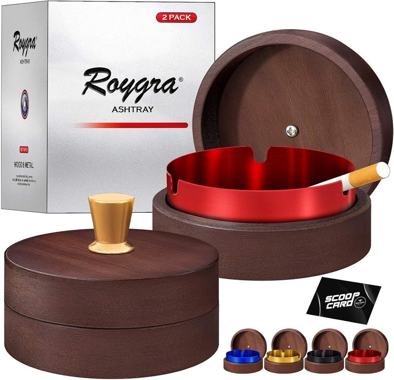 roygra Wooden Ash Tray with Lid (2 Pack), Outdoor Ashtray for Outside Patio, Smokeless Ashtrays for Cigarettes with 3 Holder, Smoking Accessories, Home Décor, Ashtrays for Smokers Indoor - Red - Image 1
